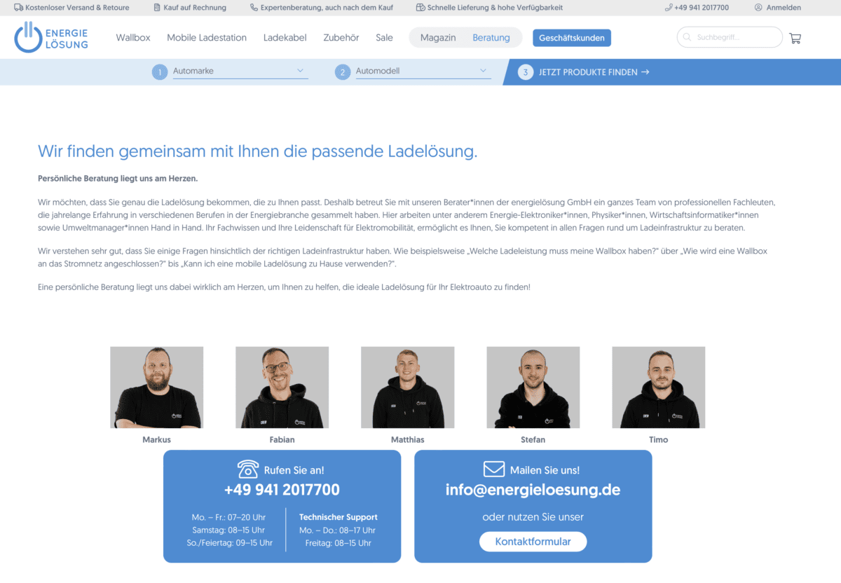 Ein Screenshot der Service-Webseite Beratung der Energielösung GmbH.